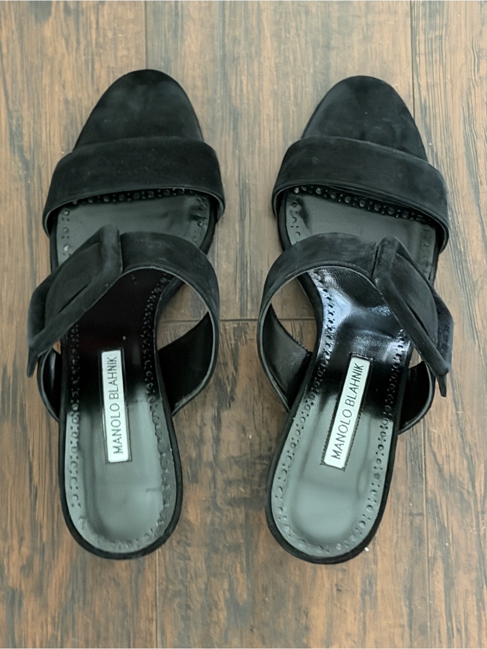 Manolo Blahnik Black Suede Cross Strap Mules